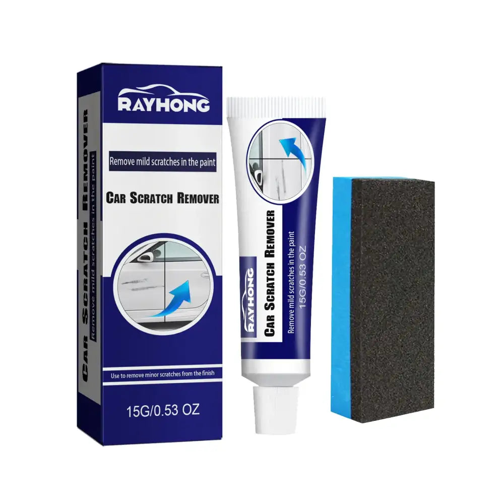 Rayhong car scratch remover kit with blue and white tube, black abrasive sponge, and matching packaging.