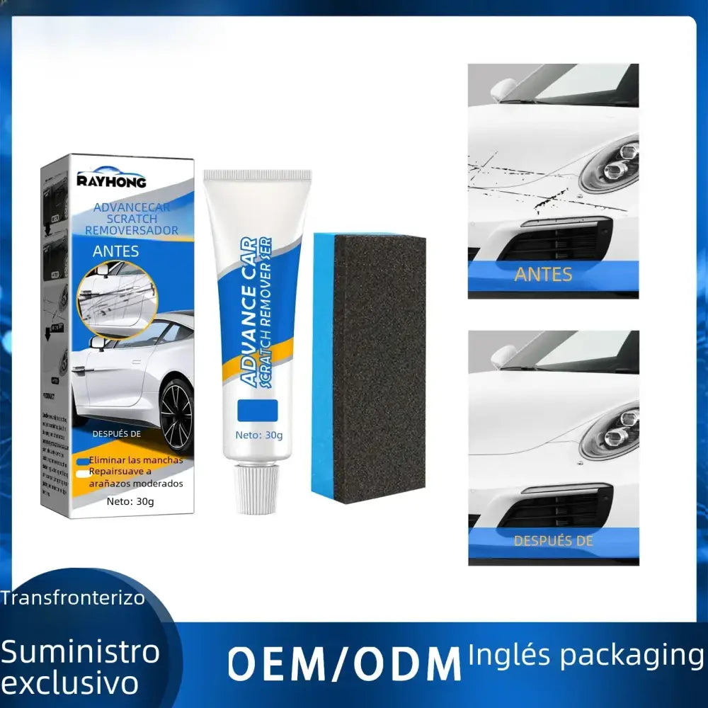 Rayhong advance car scratch remover kit, featuring a white tube with blue and orange accents and a black abrasive sponge.