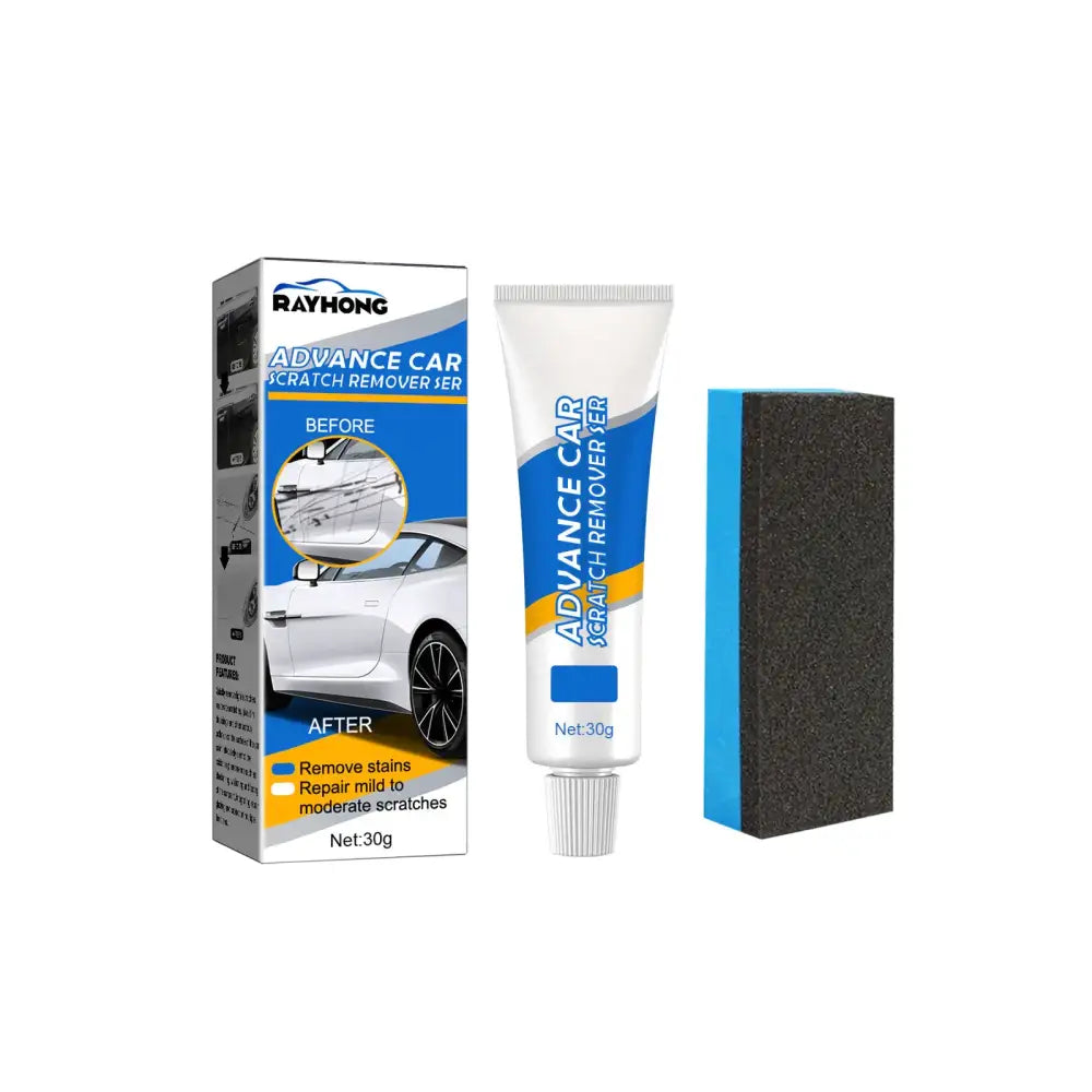 Rayhong advance car scratch remover set, featuring a white tube with blue and yellow accents containing 30g of product alongside a black abrasive sponge with a blue edge.