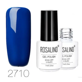 Deep blue glossy gel polish in a white bottle with black cap, model 2710 by rosalind.