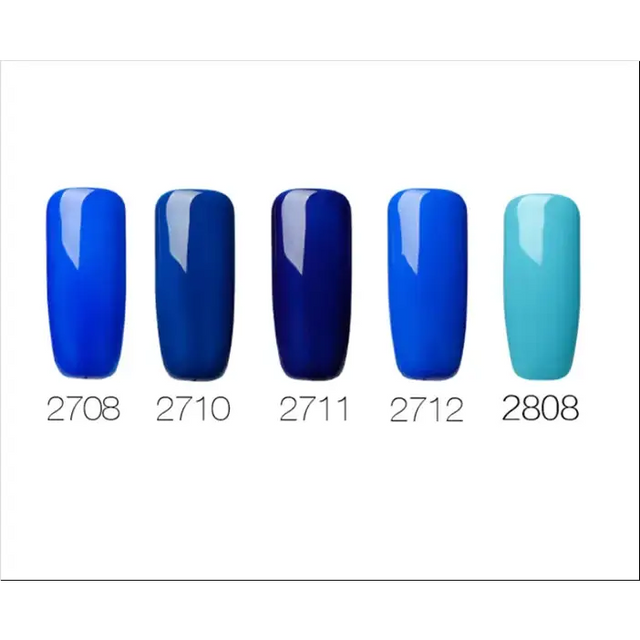 Five glossy blue nail polish swatches in varying shades, labeled with product codes 2708 through 2808.