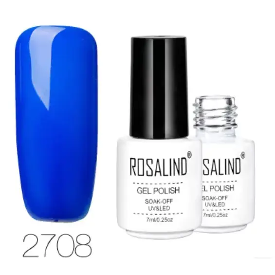 Blue glossy gel polish in a white bottle with black cap, model 2708 by rosalind.