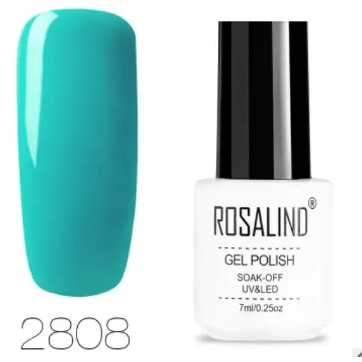 Turquoise gel polish in a white bottle with black cap, labeled ’rosalind gel polish’ and shade number 2808.