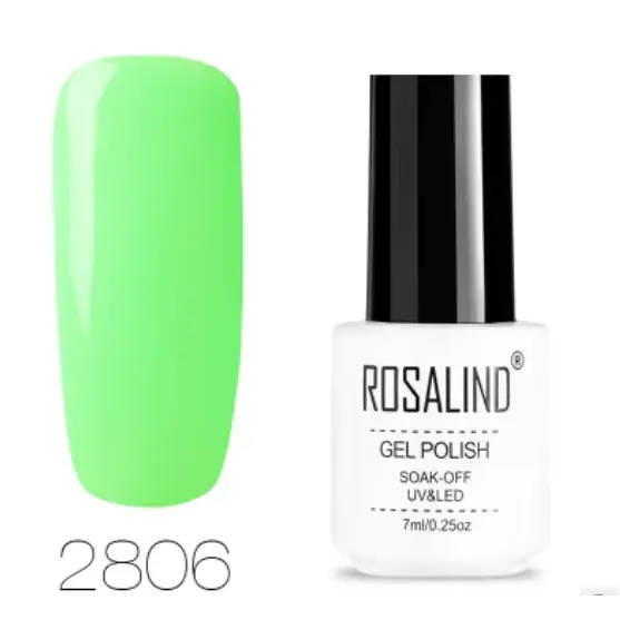 Bright neon green gel polish in a sleek white bottle with black cap, labeled ’rosalind gel polish’ and shade number 2806.