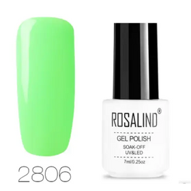 Bright neon green gel polish in a sleek white bottle with black cap, labeled ’rosalind gel polish’ and shade number 2806.