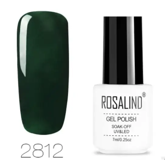 Deep forest green gel polish in a sleek white bottle with black cap, labeled ’rosalind gel polish’ and shade number 2812.