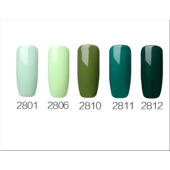 Five glossy nail polish shades ranging from pale mint to deep forest green, labeled with product codes 2801 through 2812.