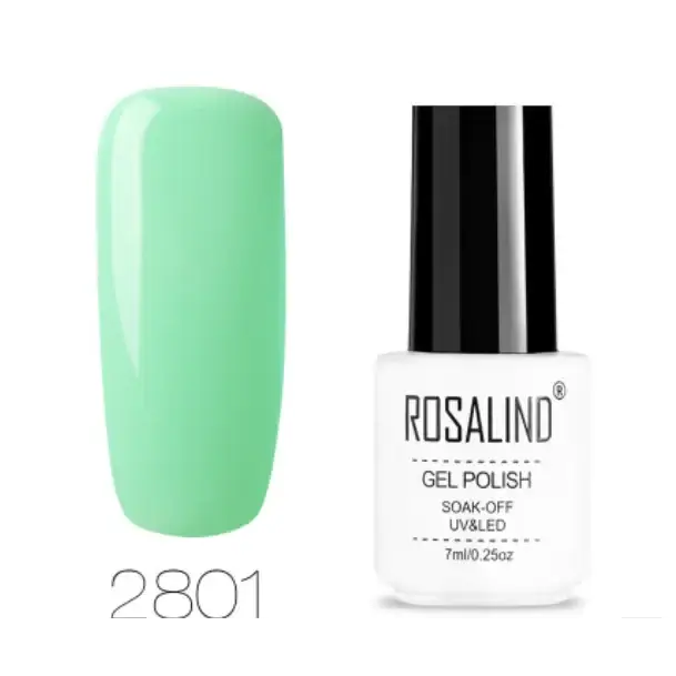 Mint green gel nail polish in a white bottle with black cap, labeled ’rosalind gel polish’ and shade number 2801.