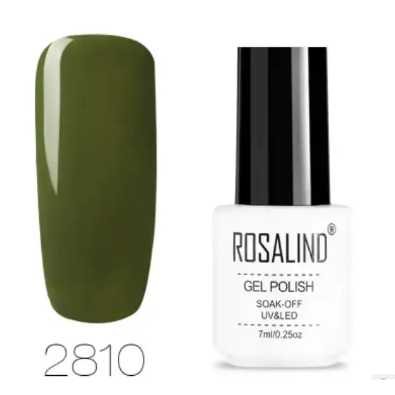 Olive green gel polish in a white bottle with black cap, labeled ’rosalind gel polish soak-off uv&led 7ml/0.25oz’.