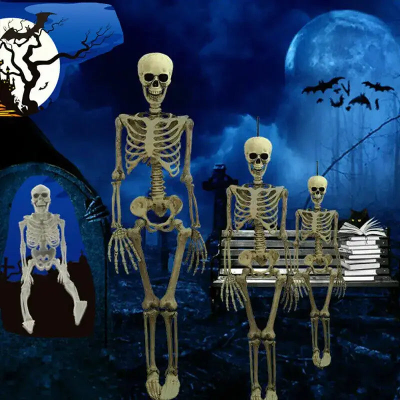 Three beige plastic skeletons of varying sizes, one standing tall and two seated on a bench.