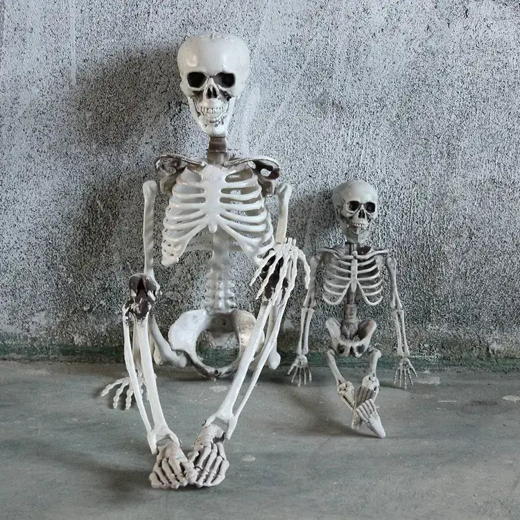 Two white plastic skeletons, one larger and one smaller, posed against a textured gray wall.