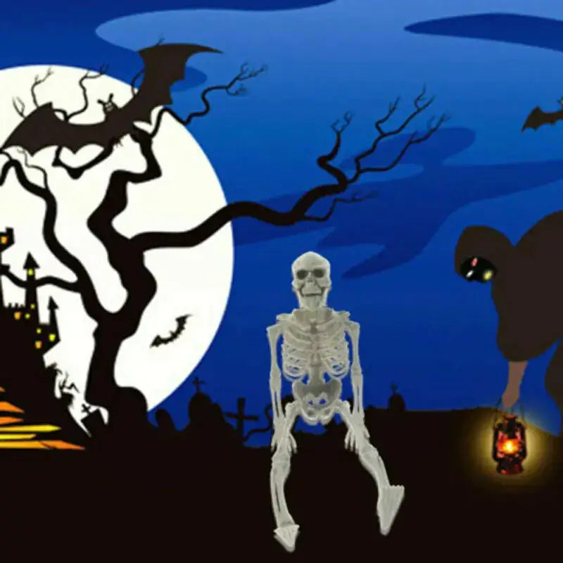 White plastic skeleton figure with articulated joints and detailed bone structure.