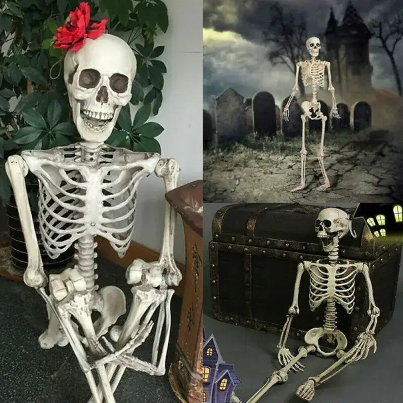White plastic skeleton with red flower on head