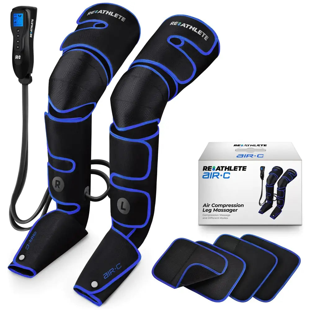 Black and blue reathlete air-c air compression leg massager with adjustable inflatable sleeves.