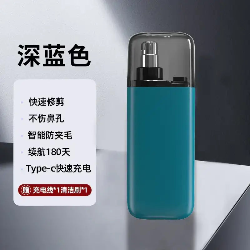Deep blue portable electric nose hair trimmer with transparent top cap and metallic nozzle.