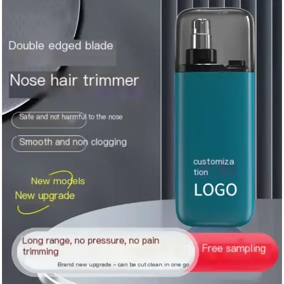 Teal-colored electric nose hair trimmer with a clear protective cap and metallic nozzle.