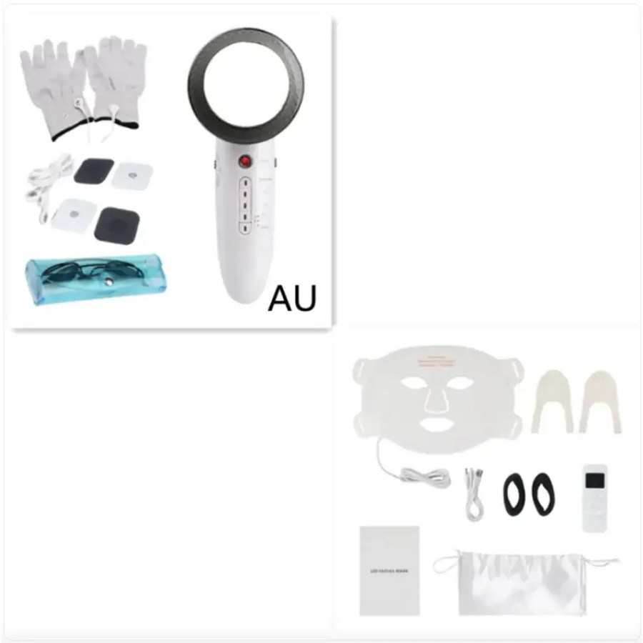 White handheld facial device with a circular black head and control buttons