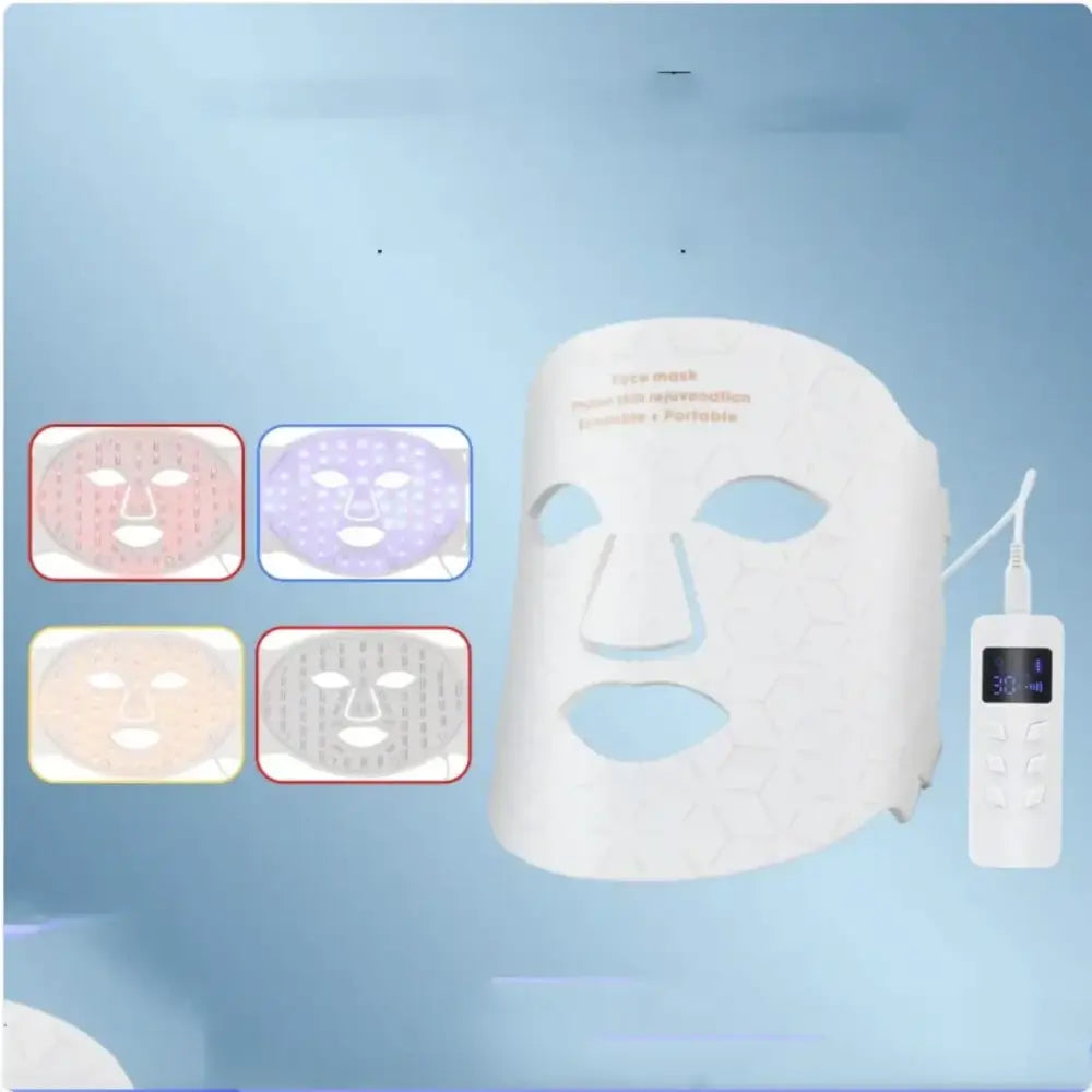 White led facial mask with a honeycomb pattern and four color options shown in inset images.