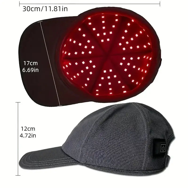Dark gray denim-textured baseball cap with a circular array of red led lights on the crown and a power button on the side.