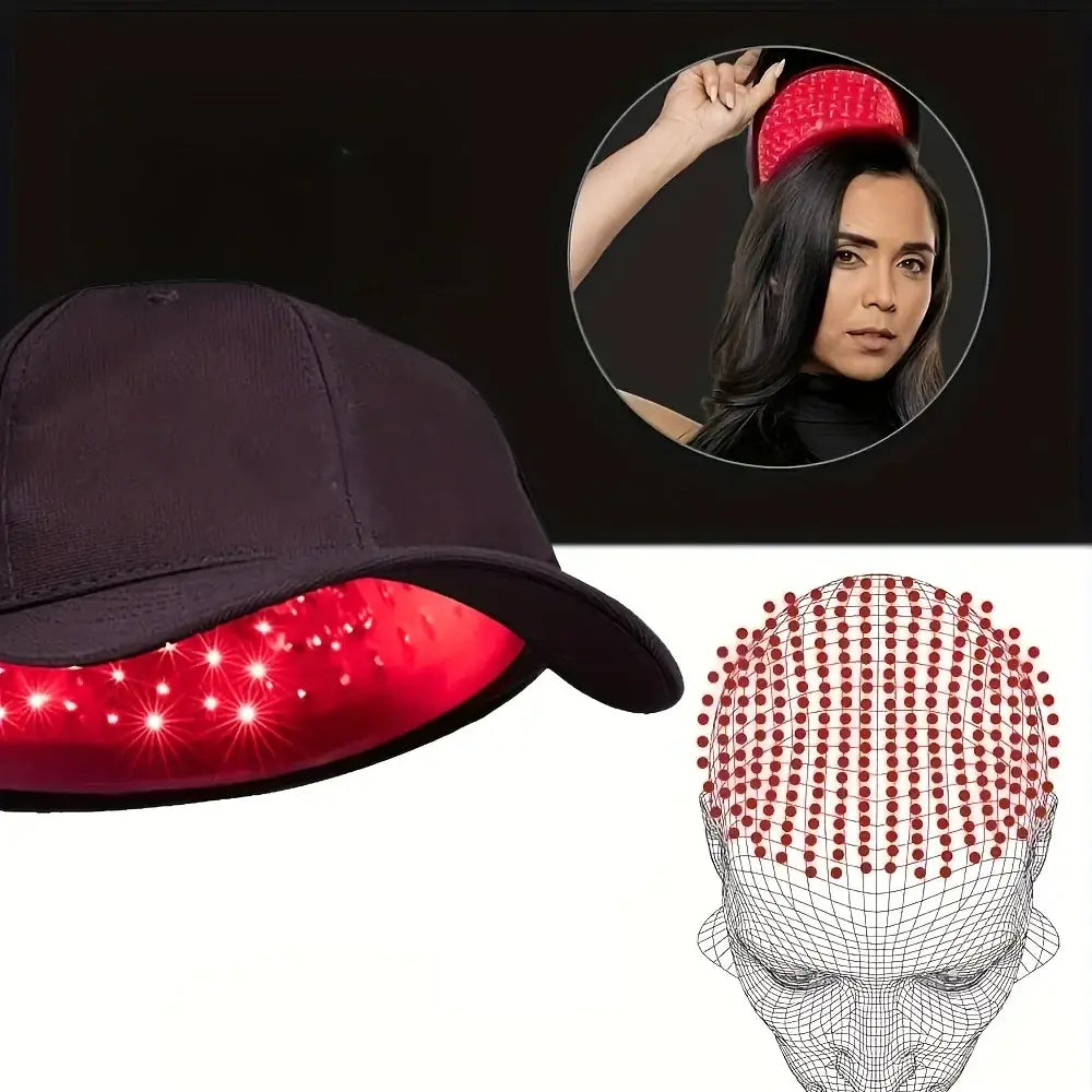 Black cap with red led lights on the underside for hair growth therapy.