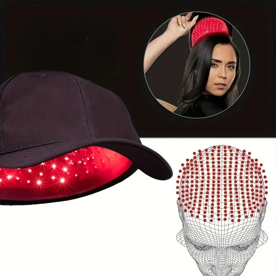 Black cap with red led lights on the underside for hair growth therapy.