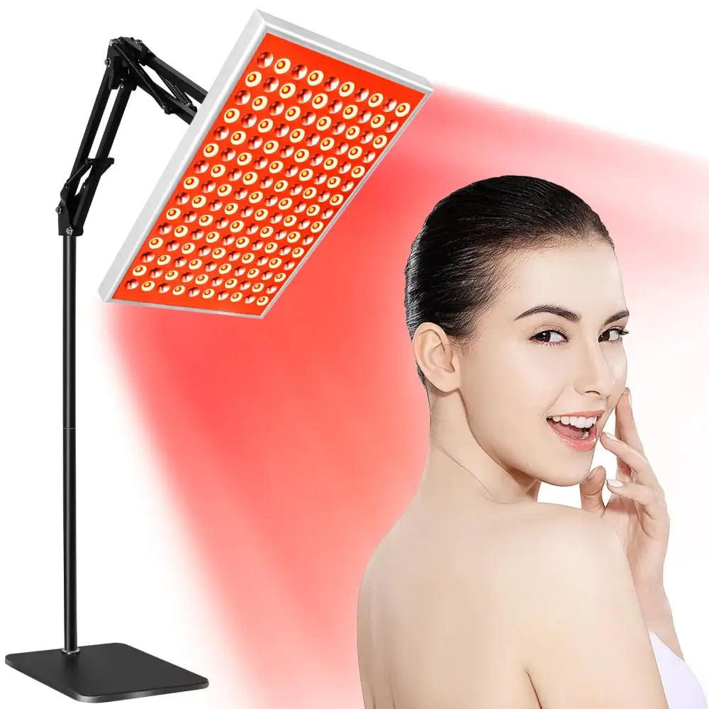 Red led light therapy panel with a black adjustable stand.