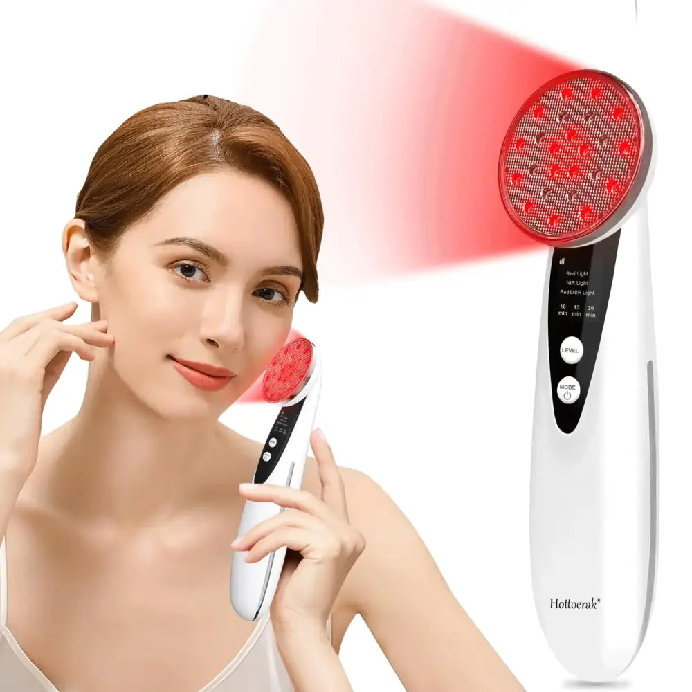 White handheld red light facial device with circular array of glowing red leds and black control panel featuring buttons for mode, level, and intensity settings.