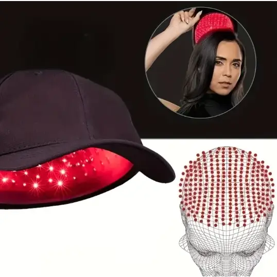 Black baseball cap with red led lights embedded along the brim for hair growth therapy.
