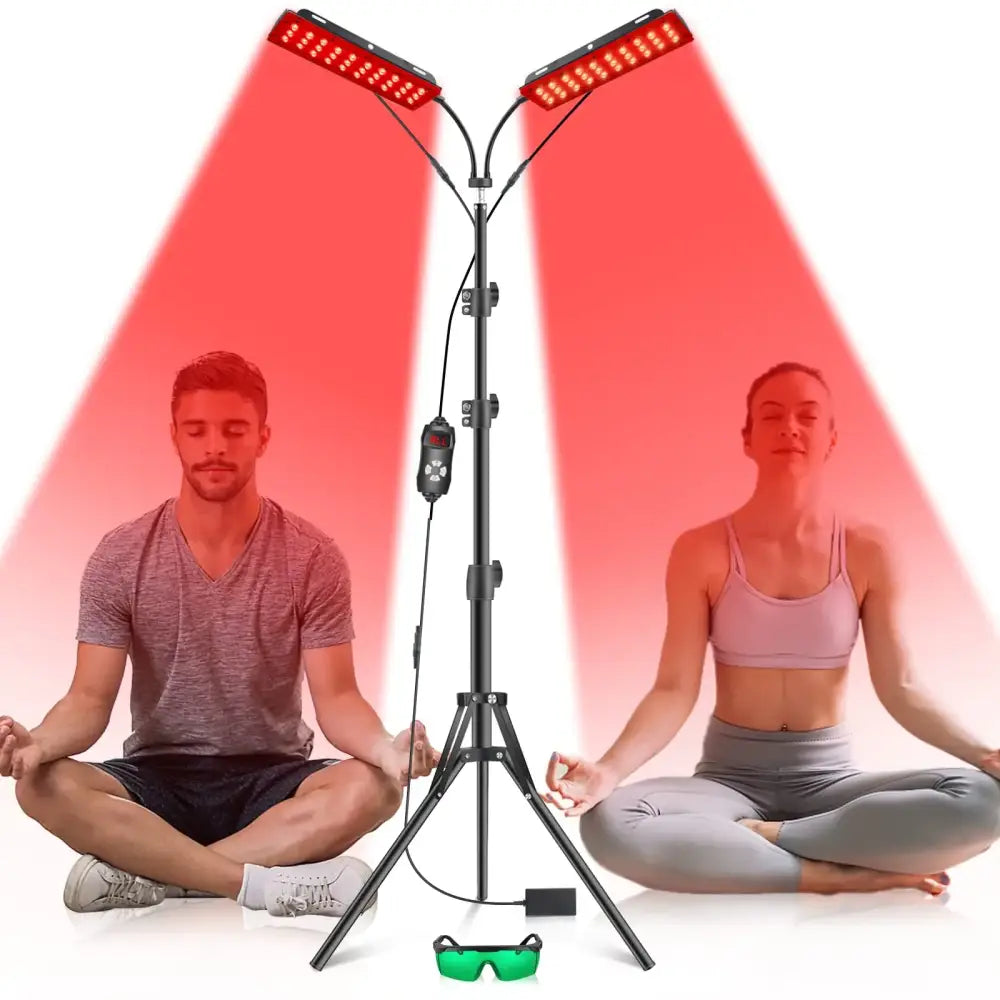 Black dual-headed red light therapy lamp with adjustable arms and tripod base