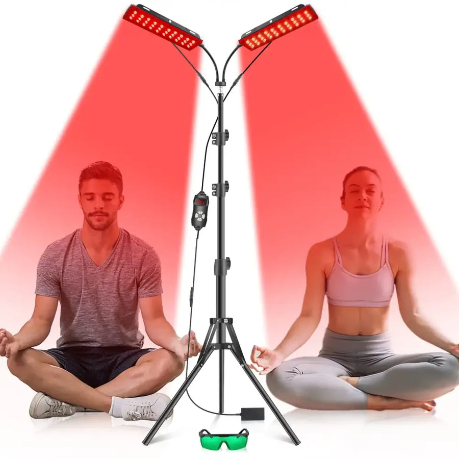 Black dual-headed red light therapy lamp with adjustable arms and tripod base
