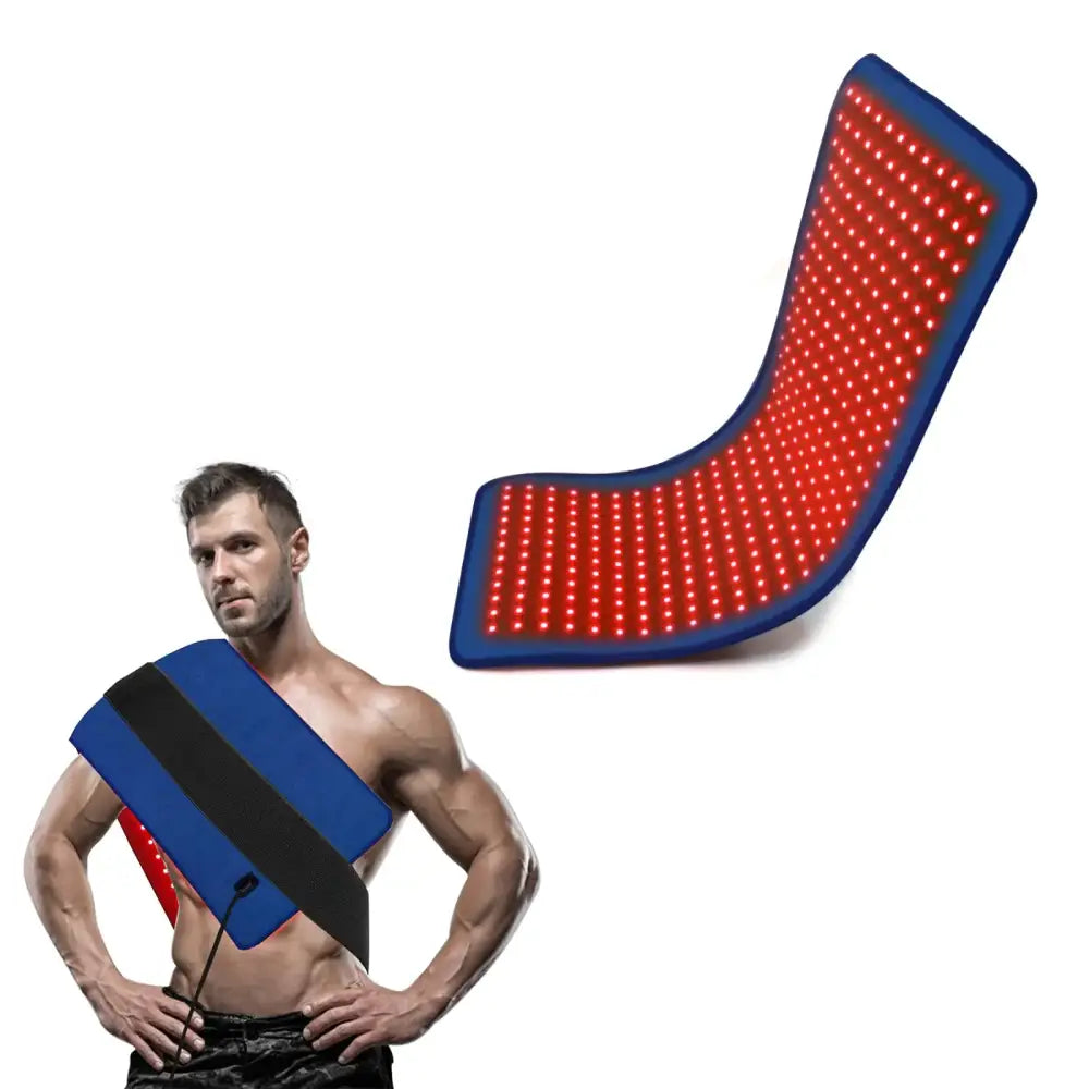 Blue and black led light therapy belt with red illuminated dots.