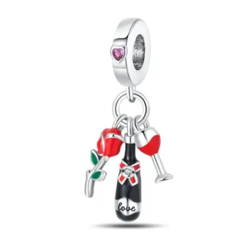 Silver charm with dangling red rose, wine bottle engraved ’love,’ and two red wine glasses.