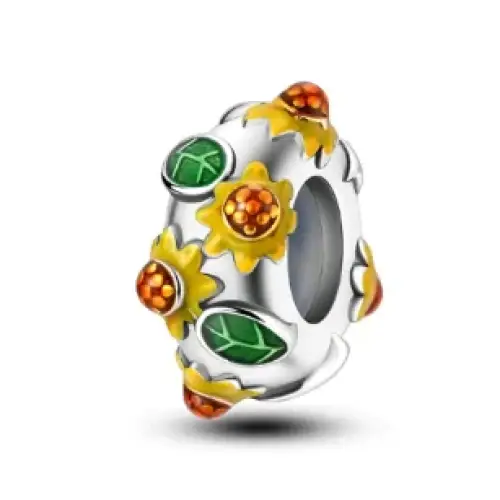 Silver charm with colorful enamel flowers and leaves in yellow, green, and orange.