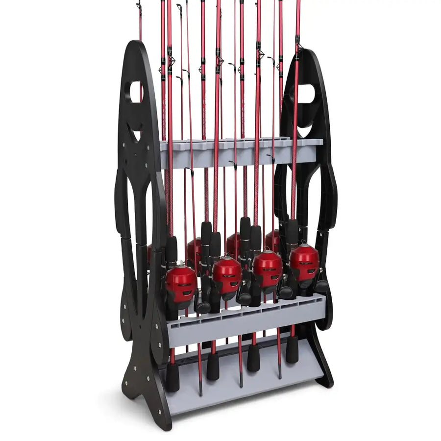 Black and gray fishing rod rack holding multiple red and black fishing rods with matching reels.
