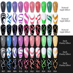 A collection of glittery and patterned nail extensions in various vibrant colors like pink, green, purple, blue, black, white, gold, silver, red, orange, teal, and more.