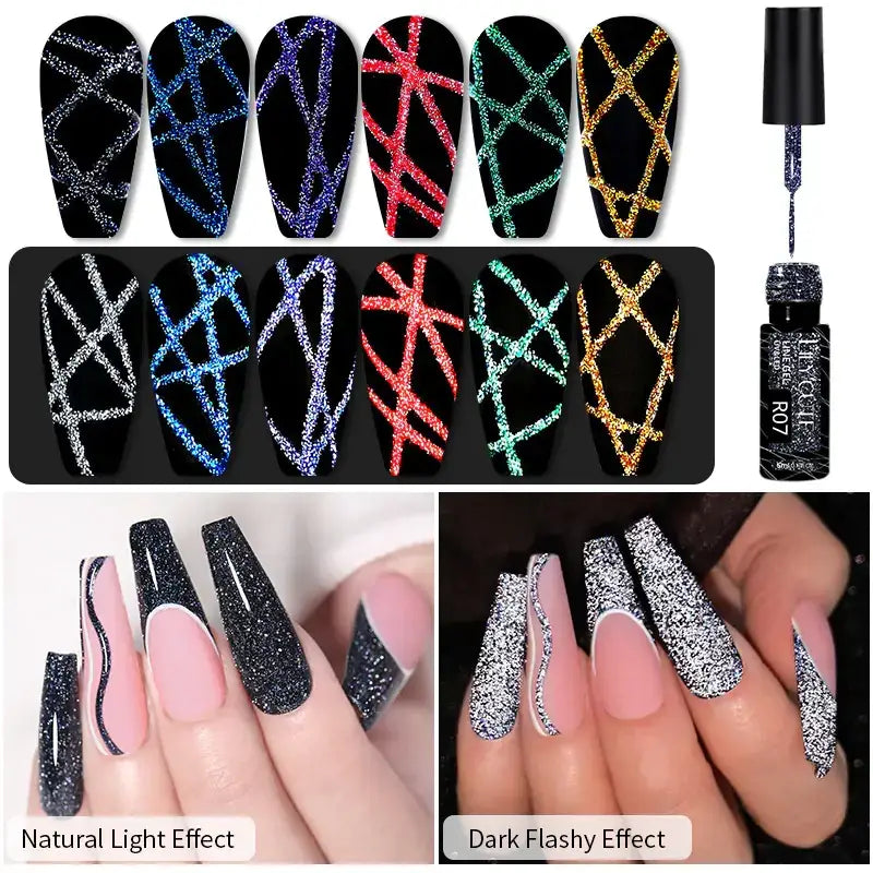 Glittery geometric nail art designs in vibrant colors on black nails, shown with a bottle of glitter gel polish.