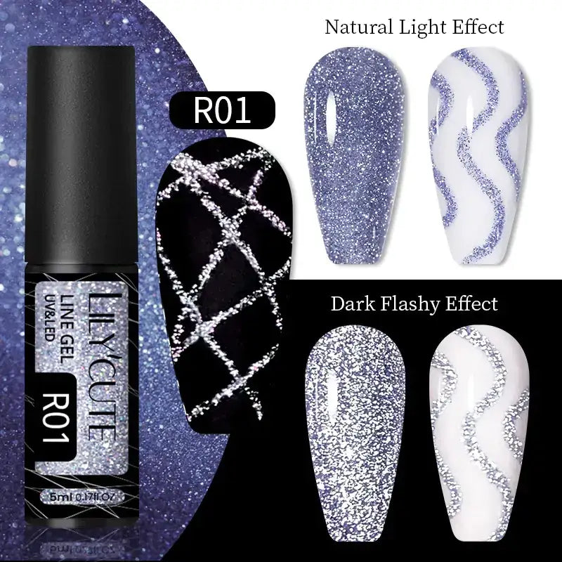 A sleek black bottle of livcute r01 uv/led line gel with a silver label, showcasing glittery nail designs in shades of purple and white.