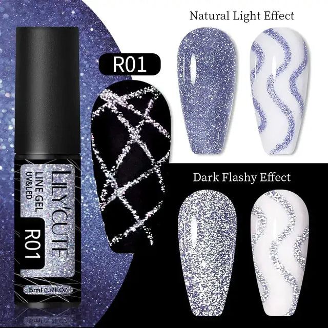 A sleek black bottle of livcute r01 uv/led line gel with a silver label, showcasing glittery nail designs in shades of purple and white.