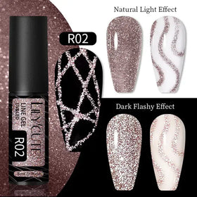 R02 glitter line gel in a sleek black bottle with sparkling rose gold and silver shimmer.