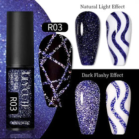A sleek black bottle of livcut r03 uv led line gel with a glossy finish and sparkling blue glitter.