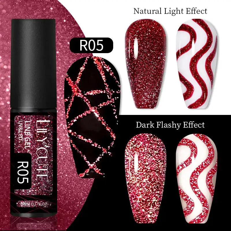R05 glitter nail gel in a sleek black bottle with sparkling red and pink shimmer, designed for creating dazzling manicures.