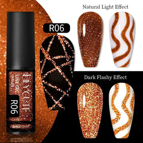 A shimmering gold glitter nail gel in a sleek black bottle, labeled r06 by lilycute.