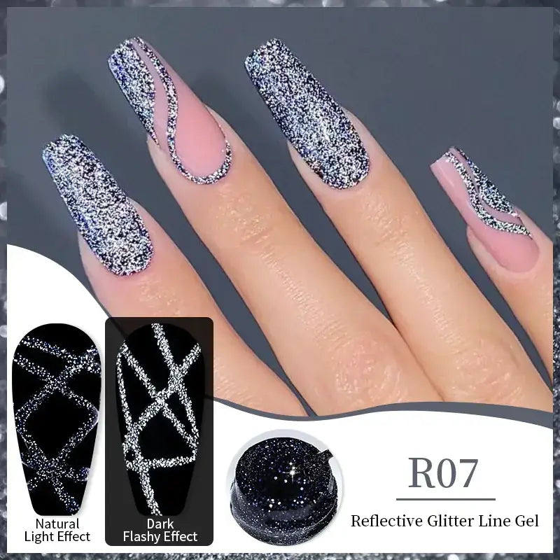 Black reflective glitter line gel with a shimmering, sparkling finish and intricate design patterns.