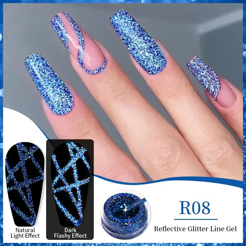Blue reflective glitter line gel in a small jar, designed for creating sparkling nail art with options for natural light or dark flashy effects.