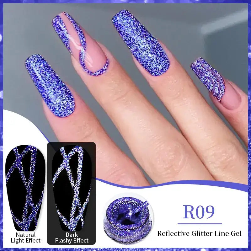 Purple reflective glitter line gel in a small jar, designed for creating sparkling nail art with options for natural or dark flashy effects.