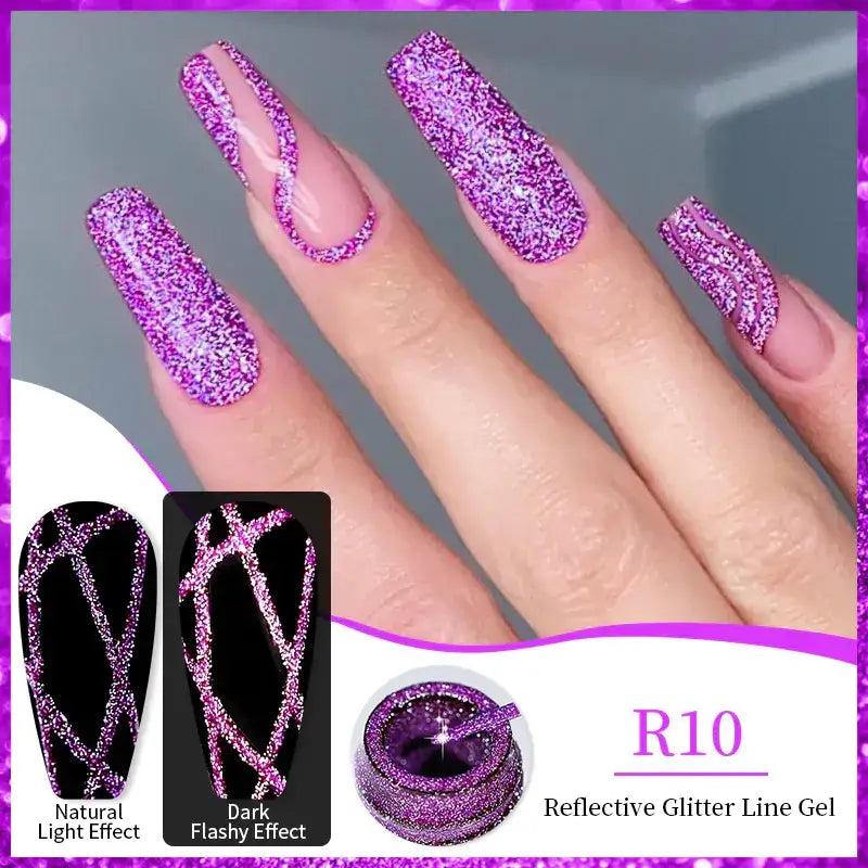Purple reflective glitter line gel with a shimmering, sparkling finish.