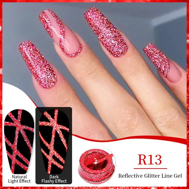 Red reflective glitter line gel in a small jar, designed for creating sparkling nail art with options for natural or dark flashy effects.