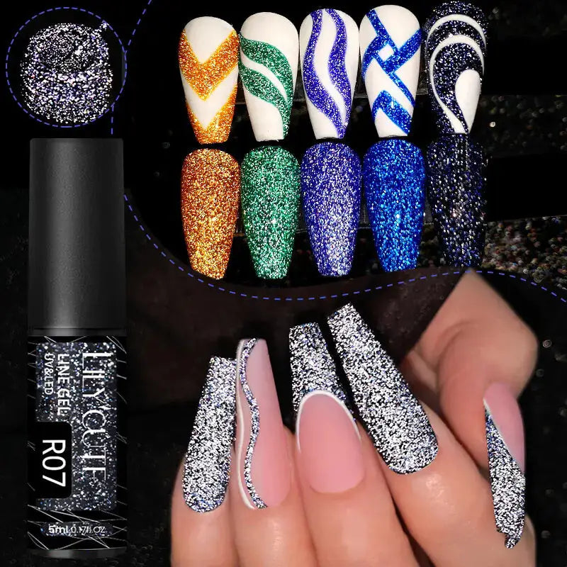 Silver glitter nail polish in a sleek black bottle labeled ’lilycut’ with the shade code r07.