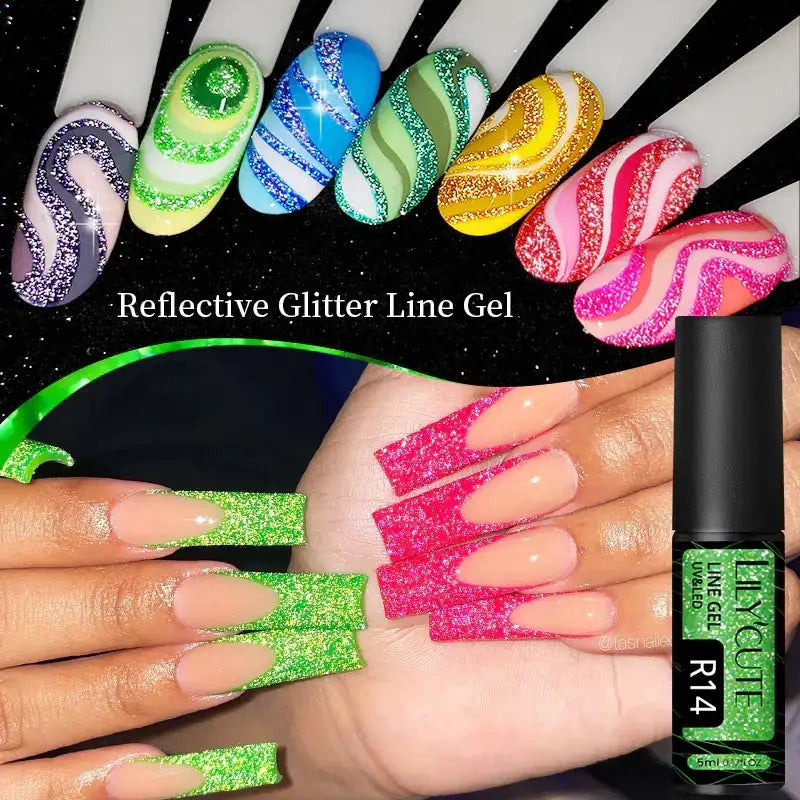 A vibrant green reflective glitter line gel in a sleek black bottle with white labeling, designed for creating bold, sparkling nail art.