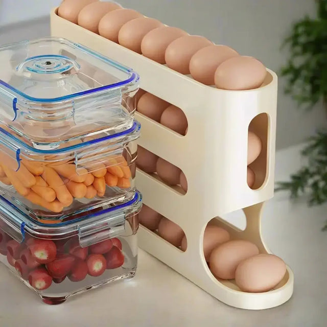 Cream-colored plastic egg rack holding brown eggs in its tiered compartments.